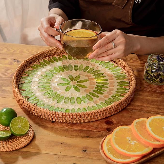 11.8' Wicker Round Rattan Mother of Pearl Serving Basket Tray for Décor Coffee Table | Large Boho Circle Woven Decorative Trays for Outdoor, Home, Kitchen Display (Neon Green)