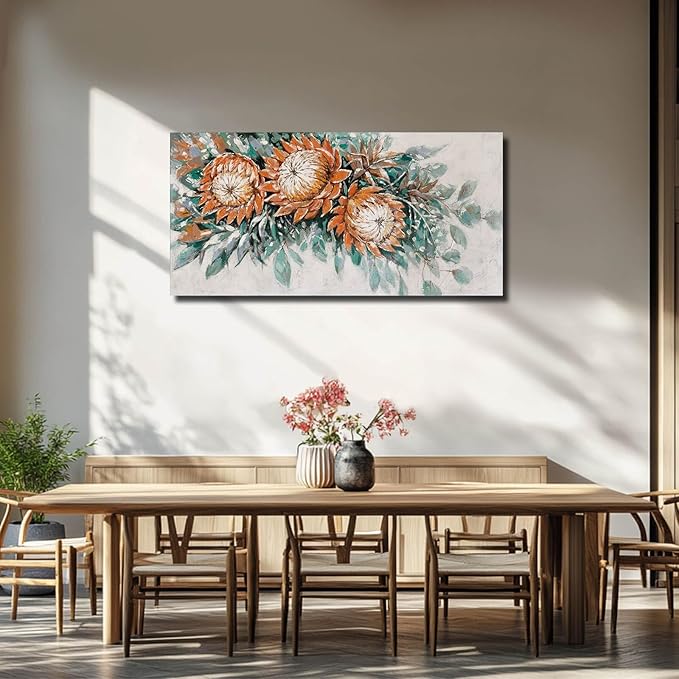GAIDUOMAI Red Flowers Wall Art Green Leaves Painting Plants Wall Decorations for Living Room Contemporary Artwork for Home Haning Decor 24x48 Inch