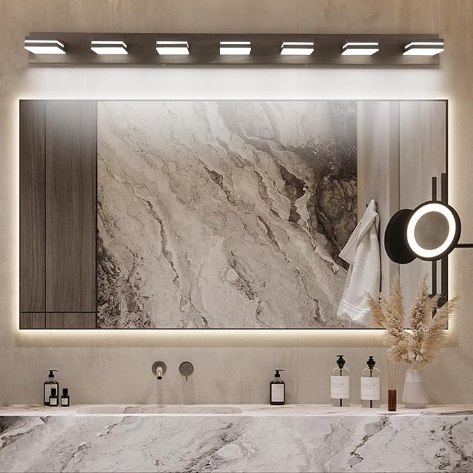 SineRise LED Modern Bathroom Vanity Light Fixtures (7-Light, 55-Inch), Brown Wood Painted Modern Acrylic Bathroom Wall Lighting Fixtures Over Mirror (Cool White 6000K)