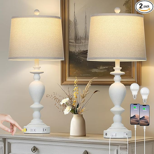 28" White Farmhouse Table Lamps Set of 2 with USB C+A Ports & AC Outlet for Vintage Living Room Rustic Bedroom,3-Way Dimmable Touch Lamp Retro Resin Bedside Lamps for Nightstand Side Table