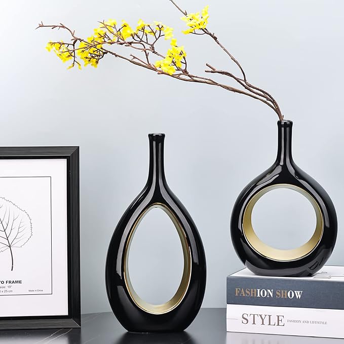 Black and Gold Vase Ceramic Black Vases Home Decor,Modern Minimalist Circle with Hole Decorative Vase, Hollow Ellipse Flower vases for Bookshelf, Fireplace Mantle, Centerpieces,Farmhouse,Rustic Décor