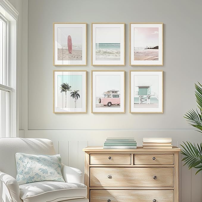 Framed Pink and Mint Green Coastal Wall Art for Living Room, 6 Piece Palm Tree Surfboard Beach Pictures Prints for Bedroom, Tropical Nautical Ocean Beachy Artwork for Hallway Walls Decor, 11x14 Inch