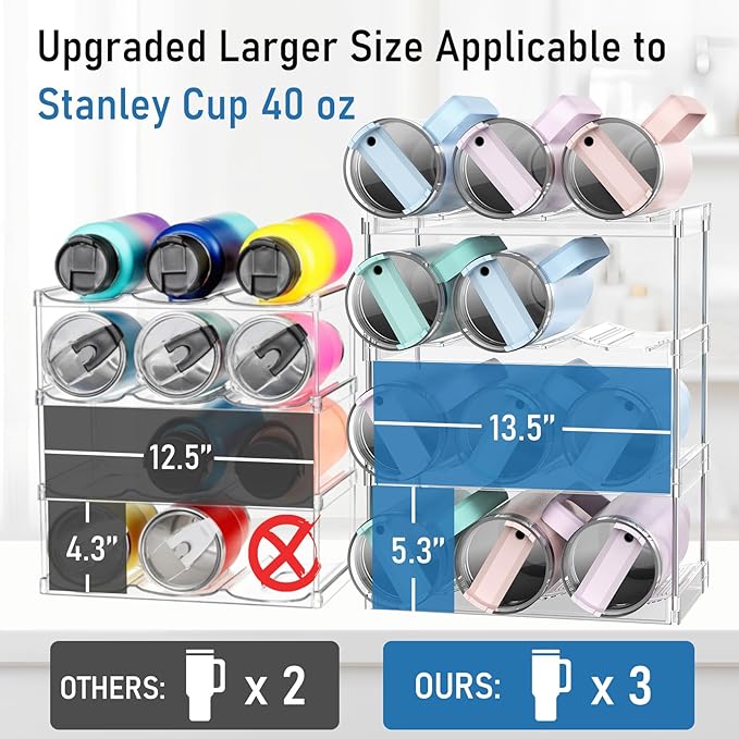 Water Bottle Organizer Stanley Cup Holder, 4-Tier Tumbler Storage, Stackable Water Bottle Holder for Kitchen Cabinet Pantry, Large Compartment fits 40 oz Tumblers, Stanley Accessories
