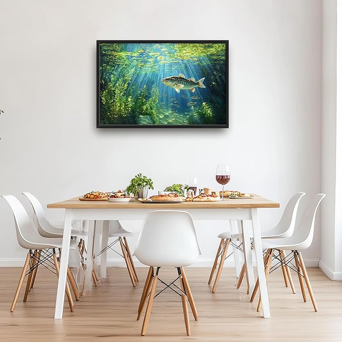 Flintis Large Ocean Fish Framed Wall Art Natural Green Plants Pictures Wall Decor Abstract Fishing Canvas Painting Print Artworks Decor Framed for Living Room Bathroom Master Bedroom 36L X 24W
