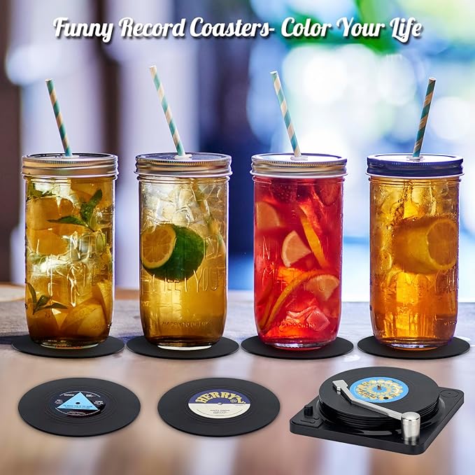 Valdivia Retro Vinyl Record Coasters with Player, 6PCS Music Coasters for Drinks, Home and Coffee Table Decor, Housewarming Gifts New Home Apartment Gifts for Music Lovers, Birthday Gifts for Men
