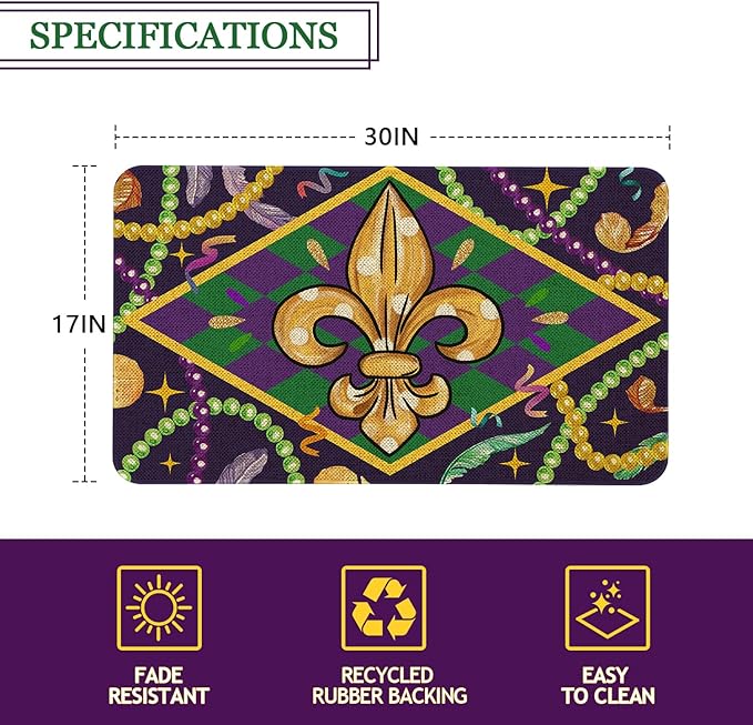 Mardi Gras Welcome Door Mat 30x17 Inch Carnival Fleur De Lis Doormat Indoor Outdoor Entrance Floor Mats Non-Slip Washable Mardi Gras Decor Rugs