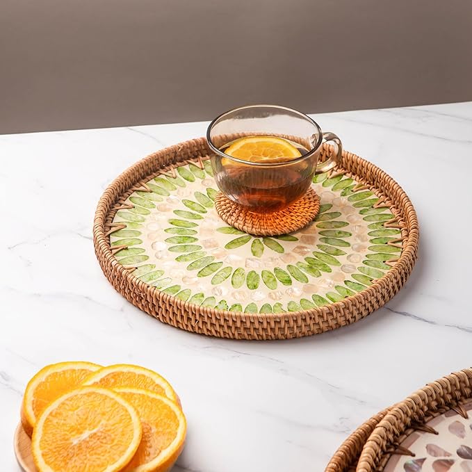 11.8' Wicker Round Rattan Mother of Pearl Serving Basket Tray for Décor Coffee Table | Large Boho Circle Woven Decorative Trays for Outdoor, Home, Kitchen Display (Forest)