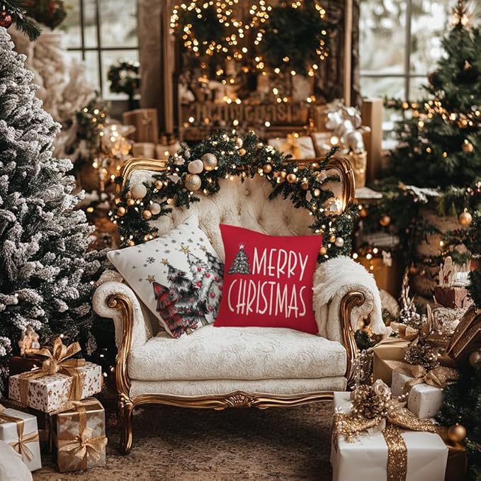 GEEORY Christmas Pillow Covers 18x18 Inch Set of 4, Snowflake Xmas Tree Present Merry Bright Holiday Decor Decorative Cushion Cases Winter Decoration for Home G401N-18
