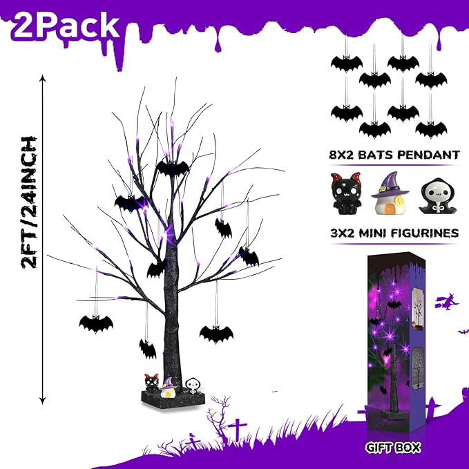 PEIDUO Halloween Decorations, 2FT Black Halloween Tree with 24 Purple Lights and 8 Bat Ornaments, Light up Halloween Decorations with Timer for Indoor Home Desk Table Decor (2PK)
