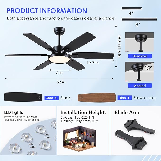 Ceiling Fan with Light,52“ Ceiling Fans with Light and Remote/APP for Bedroom with DC Motor, 6-Blade,3CCT,Surper Bright Dimmable LED Flush Mount Ceiling Fan for Kitchen Patio Use,Indoor/Outdoor Black