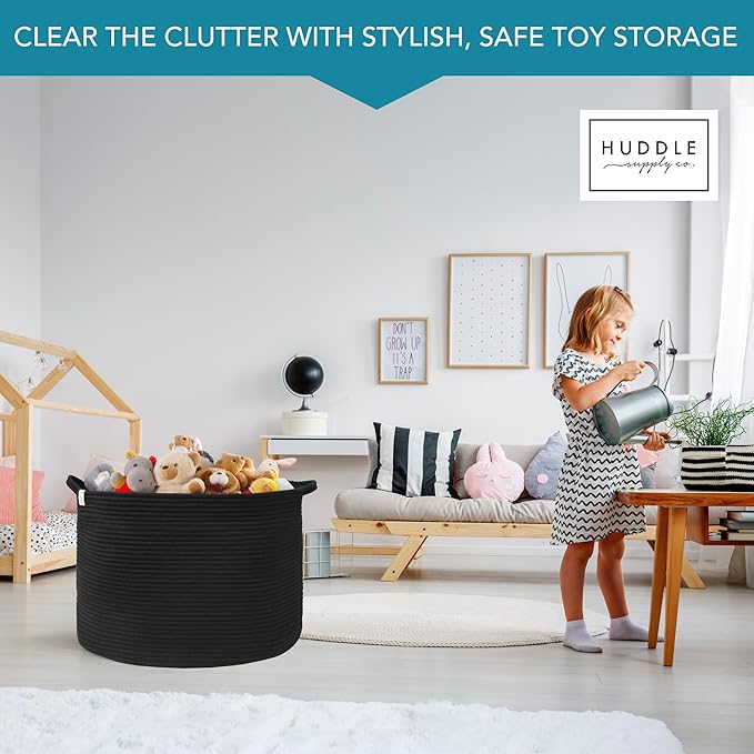 XXXXL WASHABLE Large Black Basket Blanket Basket Living Room 2PCs Toy Baskets Storage Kids Woven Rope XXX Extra Large Basket for Blankets,Pillows,Throws,Laundry + Small Basket | BIG Basket Blanket