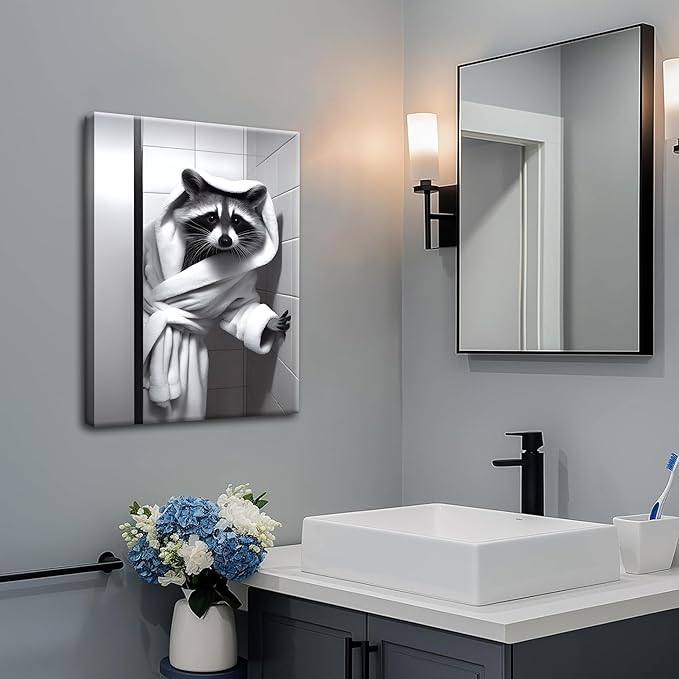 Funny Bathroom Wall Art, Black and White Raccoon Canvas Wall Decor, Adorable Humor Bathroom Animal Decor Picture Paintings Prints, Cute Restroom Toilet Signs 16x24 inch Framed
