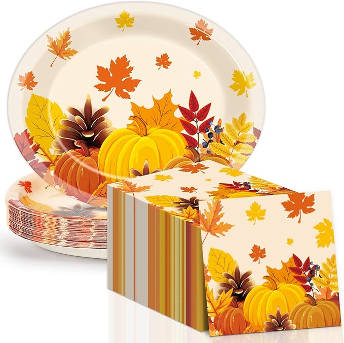Fall Party Oval Paper Plates 11inch Large Thanksgiving Maple Leaves Plates and Napkins, Gold Foil Fall Party Decoration Favor Dish Tray for Autumn Holiday Gathering Supplies Tableware, 25 Guest