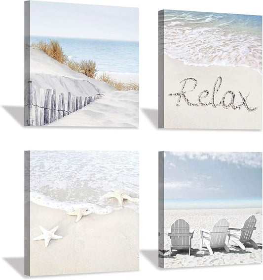 Coastal Artwork Beach Wall Art: Starfish & Chairs on Sand Painting with Word Picture on Canvas for Living Room (16” x 16'' x 4 Panels)