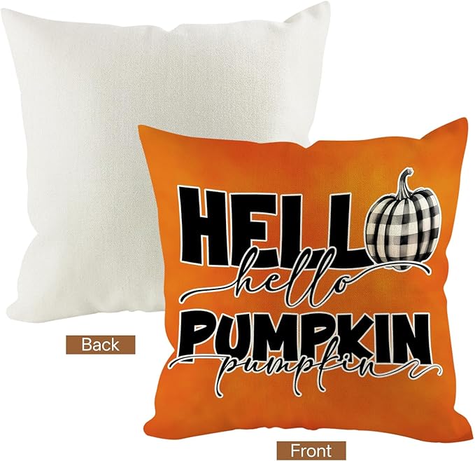 Fall Pumpkin Pillow Covers 18x18 inch Set of 4, Linen Autumn Outdoor Thanksgiving Harvest Farmhouse Buffalo Check Truck Orange Decorations for Sofa Couch