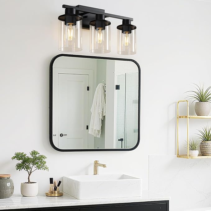 LOUSACE 3 Light Bathroom Vanity Light, Matte Black Bathroom Light Fixtures, Modern Bathroom Lights Over Mirror with Clear Glass Shade, Wall Sconce Lighting for Bedroom Living Room
