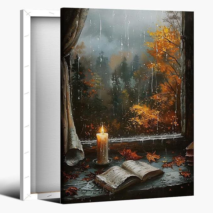 Fall Canvas Wall Art Cozy Bookish Posters Autumn Pictures Prints Moody Dark Cottagecore Academia Art Room Living Wall Decor 24x36inch Framed