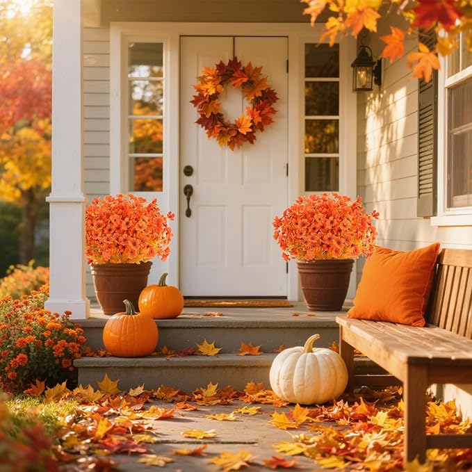 AmyHomie 16 Bundles Orange Artificial Fall Flowers for Outdoors Fall Decor UV Resistant Fake Mums Flowers No Fade Fake Plastic Plants Garden Porch Window Box Decorating