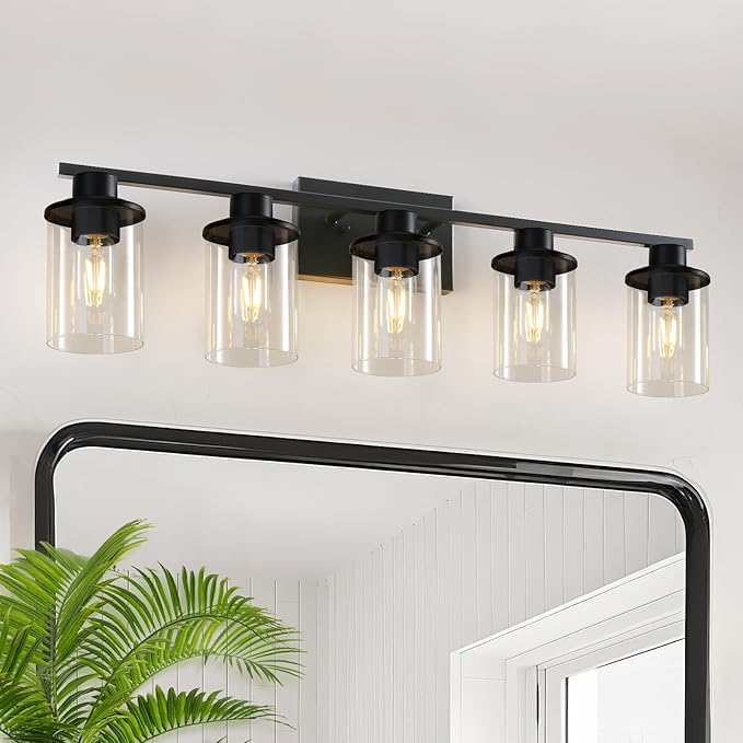 LOUSACE 5 Light Bathroom Vanity Light, Matte Black Bathroom Light Fixtures, Modern Bathroom Lights Over Mirror with Clear Glass Shade, Wall Sconce Lighting for Bedroom Living Room