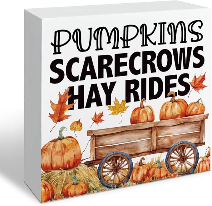 Autumn Wood Sign, Autumn Thanksgiving Wooden Decor, Tabletop Decor, Farmhouse Home Decors for Living Room, Office Decors, Decorative Wooden Box Sign, Pumpkins Scarecrows Hay Rides Signs A5
