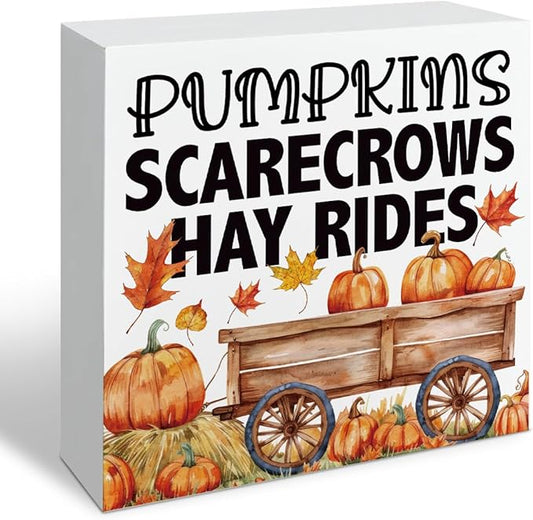 Autumn Wood Sign, Autumn Thanksgiving Wooden Decor, Tabletop Decor, Farmhouse Home Decors for Living Room, Office Decors, Decorative Wooden Box Sign, Pumpkins Scarecrows Hay Rides Signs A5