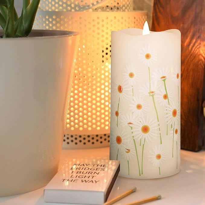 Eywamage White Floral Flameless Pillar Candles with Remote, Flickering Spring Daisy Battery LED Candles Set of 2