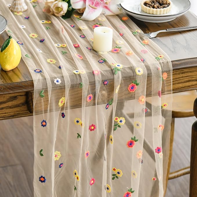 Artoid Mode 6PCS Champagne Embroidery Daisy Gauze Table Runner 120 Inch 10FT, Seasonal Sheer Kitchen Dining Holiday Wedding Birthday Table Decor for Home Party