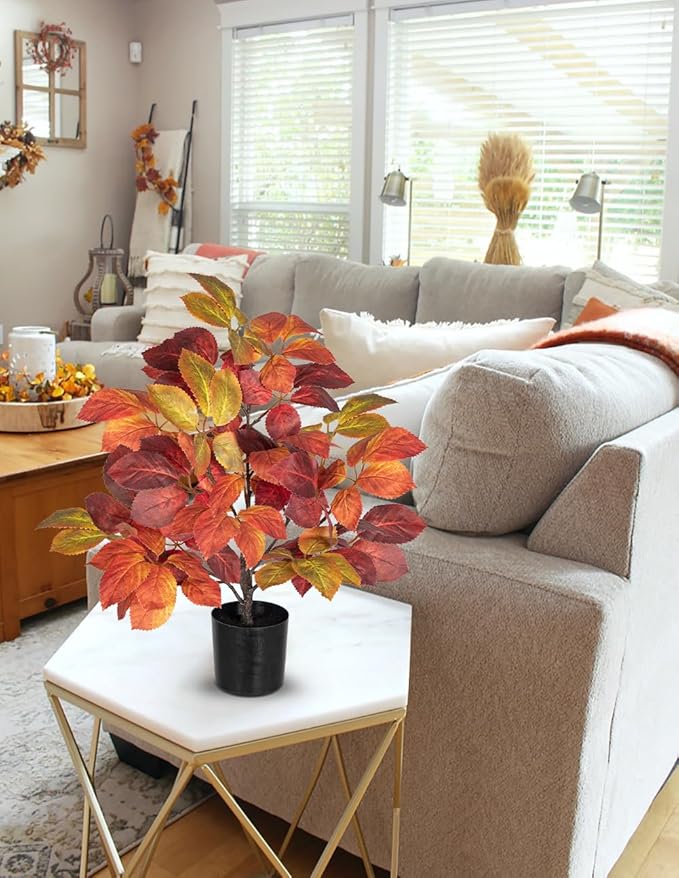 Briful 19.7" Fake Fall Tree in Black Pot, Autumn Small Artificial Beech Leaf Tree Faux Plants Indoor for Home Office Room Tabletop Mantel Thanksgiving Decor