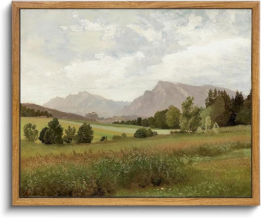 KBKBART Framed Vintage Landscape Wall Art Prints, Retro Muted Green Forest Valley Nature Wilderness Canvas Painting, Farmhouse Decor Wall Art for Bedroom, Bathroom,Vintage Wall Decor(8"x10")