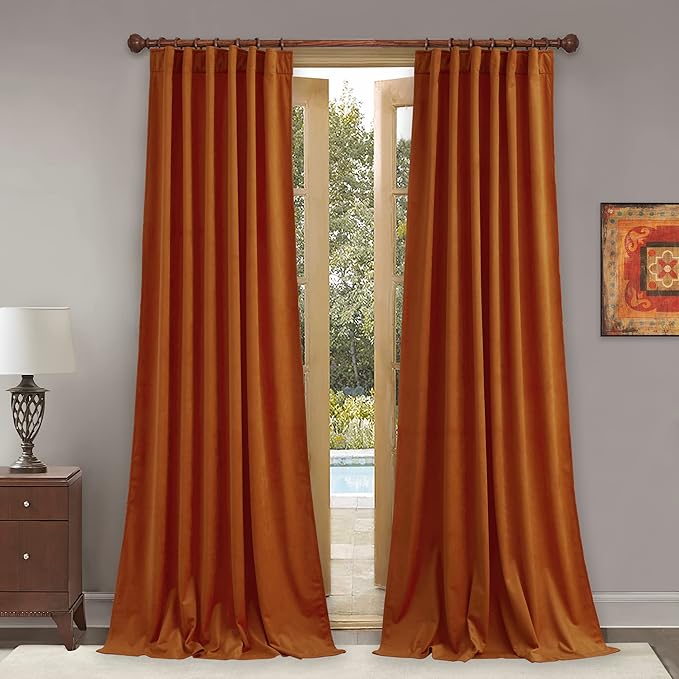 StangH Orange Curtains Velvet 96 inches Long for Bedroom, Pumpkin Luxury Back Tab Room Darkening Window Drapes for Theater, Bright Orange Backdrops, W52 x L96, 2 Panels
