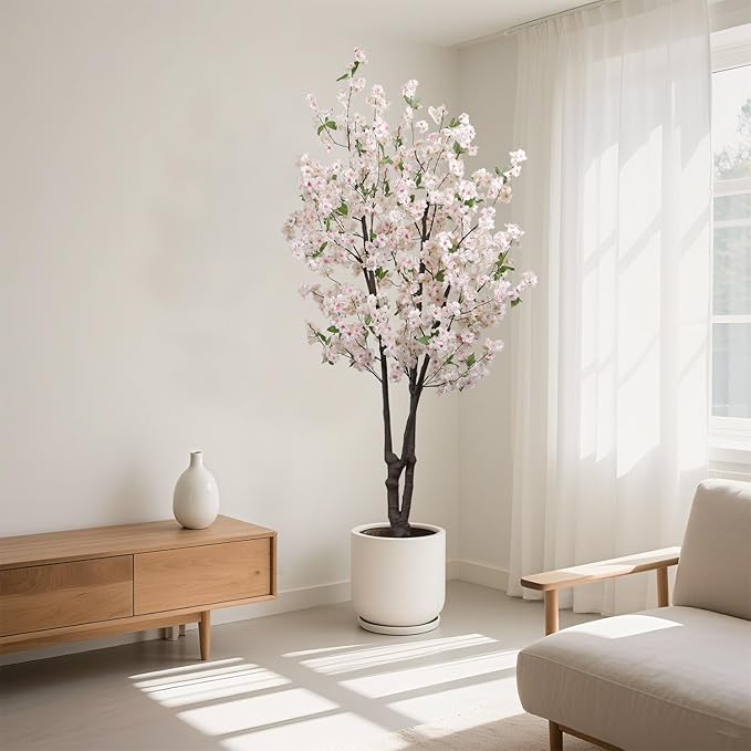 Artificial White Cherry Blossom Tree 5.7ft(68in) Faux Lifelike Plant for Indoor Decor Natural Potted Tree Realistic Pink Cherry Flowers Wood Trunk for Home Living Room,Office Perfect Weeding Gift