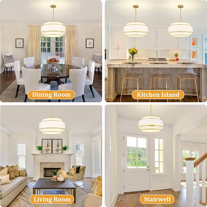 19.7''Drum Chandelier Dining Room Light Fixtures,3-Tier Modern White Fabric Chandelier Brushed Gold Pendant Lights Kitchen Island Lighting, Farmhouse Chandeliers for Living Room Foyer Staircase
