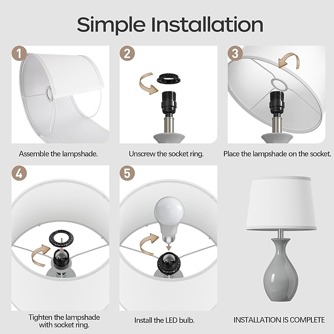 PARTPHONER Table Lamp Set of 2, Modern Ceramic Bedside Lamps for Night Stands, Classic Small Lamp Nightstand Lamp for Bedroom Living Room Desk End Table Rocker Swtich Grey