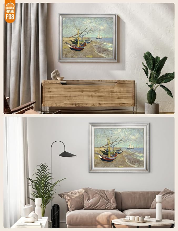 DECORARTS - Boats At Saintes Maire, Vincent Van Gogh Art Reproduction. Giclee Print w/Bronze Frame&Mat for Wall Decor. 30x24,