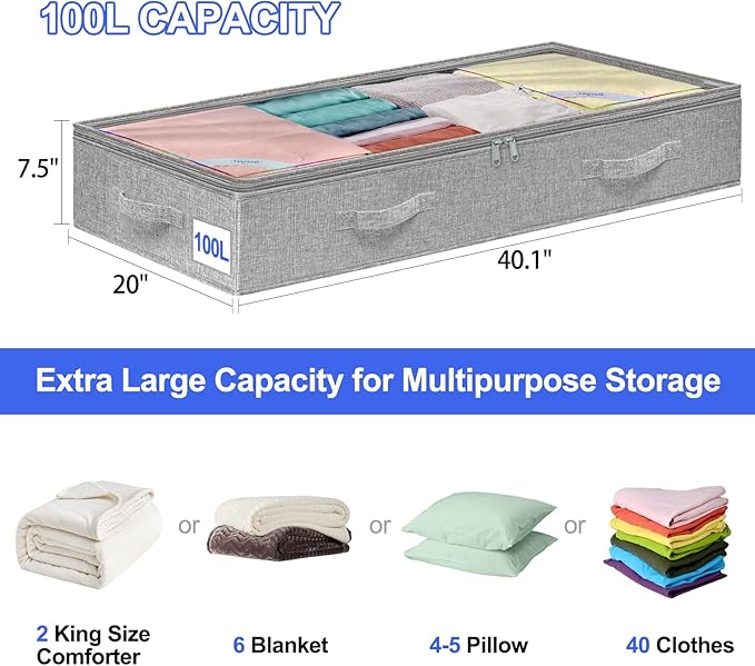 punemi Under Bed Storage Containers (Soft-Sided) - 8-Pack, 100L Extra Large, Zippered Flat Storage Bins for Blankets, Winter Clothing & Shoes - Thick Fabric, 40x20x7.5 Inches, Grey