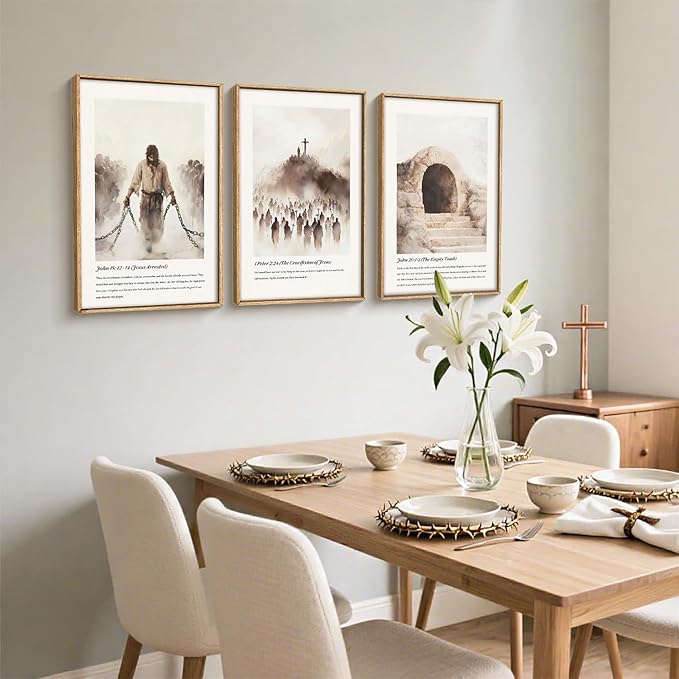 KAIRNE Christian Wall Art Set of 3, Jesus Bible Verses Framed Canvas Prints, Religious Jesus Liberation, Crucifixion, Empty Tomb Home Decor for Living Room, Bedroom, Church - 16x24 Inch