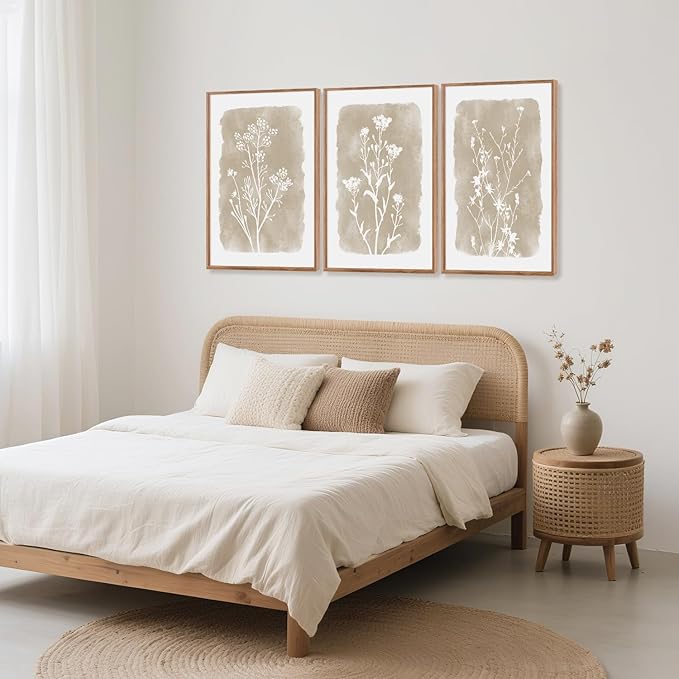 CHDITB Minimalist Floral Framed Canvas Wall Art Set, Nature Inspired Botanical Wall Decor, Flower Silhouette Art Spiritual Wall Painting, Vintage Plant Wildflower Art Prints for Bedroom Office