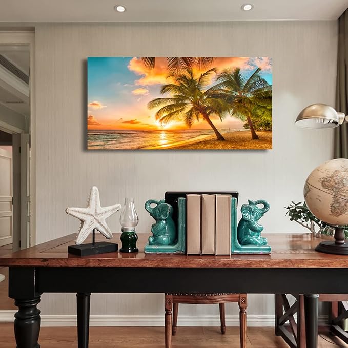 Beach Themed Wall Art Canvas Prints Seascape Picture Bathroom Décor Ocean Tree Sunset Paintings for Living Room Bedroom Office Home Kitchen Decorations Natural Landscape Artwork 20x40 Inches