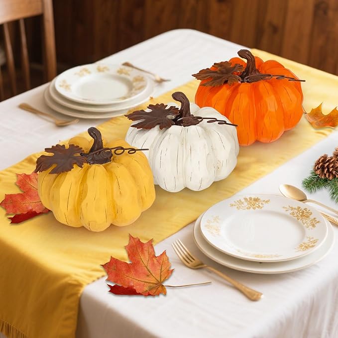 Fall Pumpkin Decor, 6 Inch Resin Pumpkins Set of 3 with Metal Maple Leaf, Artificial Pumpkins for Fall Decor,Thanksgiving Table Decorations, Farmhouse, Mantel,Centerpiece Table Decorations