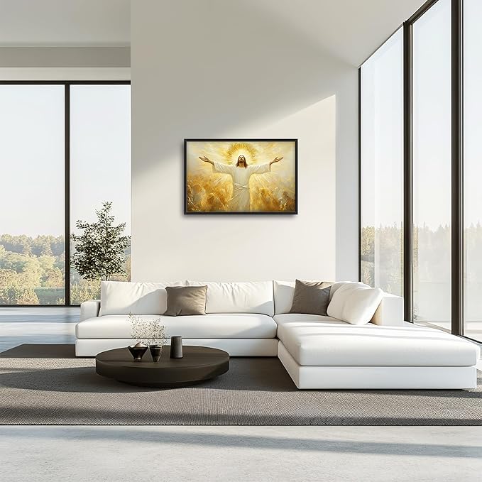Jesus Framed Wall Art for Living Room, Large Christ Canvas Wall Decor, Jesus Golden Light Pictures Painting, Modern Artwork for Bathroom Bedroom Office 36L'' × 24W''