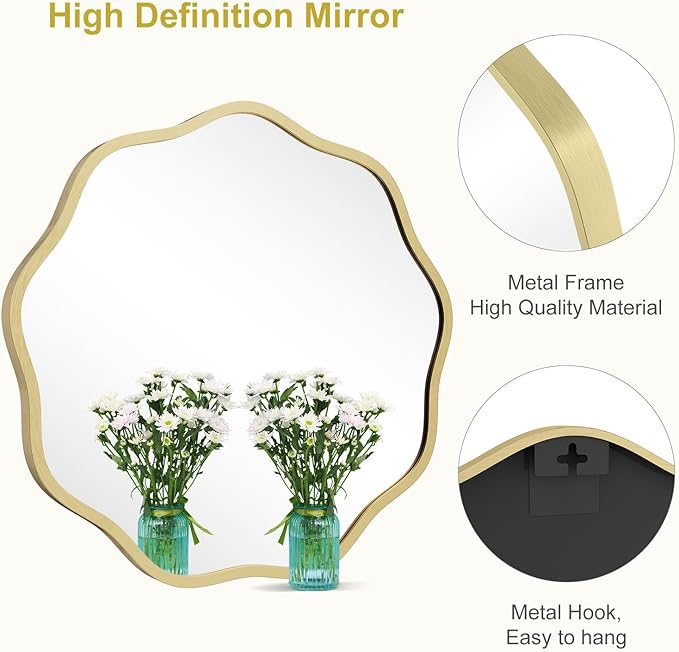 WallBeyond Round Wavy Mirror for Wall Decorative 20 inch, Modern Round Mirror Aluminum Frame for Bathroom Bedroom Living Room Home House Office Entryway, Gold