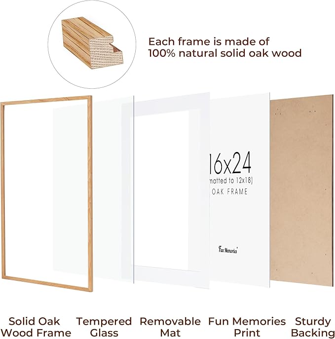 16x24 Wood Picture Frame, Real Oak Wood 16 x24 Frame for Wall, 16x24 Inch Poster Frame, 16x24 Picture Frame Matted to 12x18, 16 by 24 Wooden Frame, Natural Oak Color, 1 Pack