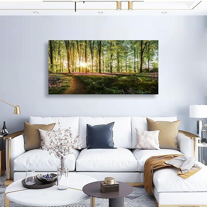 Green Forest Wall Art for Living Room Bedroom Office Large Landscape Nature Tree of Life Canvas Wall Art Kitchen Sunlight Grass Purple Flower Pictures Modern Wall Decor Paintings Artwork 20 * 40inch