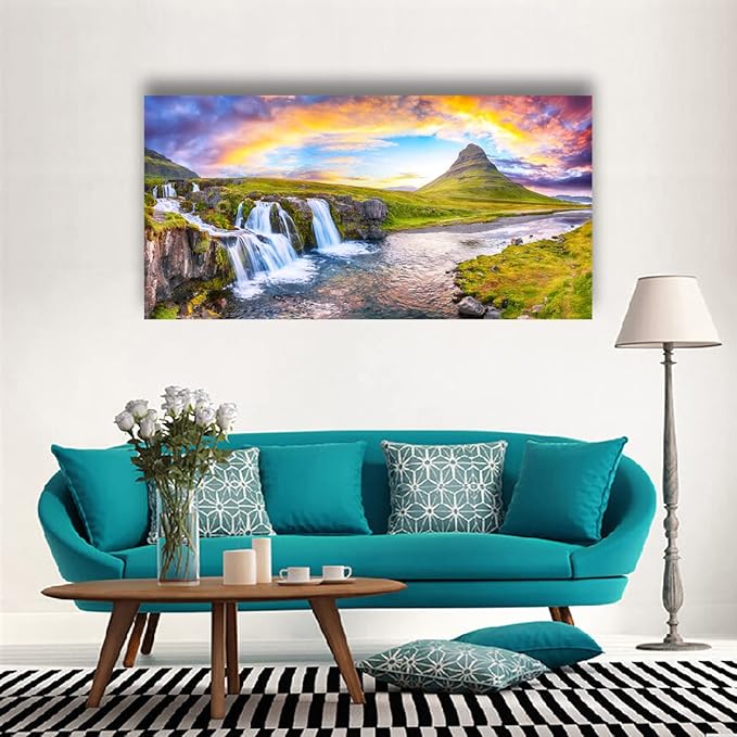 Waterfall Hill Pictures Canvas Wall Art For Living Room Bedroom Wall Decor,Hill Wall Art Print Paitnings for Home Decor,Morden Artwork Cloud Rainbow Canvas Art Waterproof Ready to Hang-20X40Inches