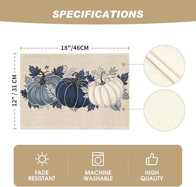 Artoid Mode Navy Blue Pumpkins Fall Placemats Set of 4, 12x18 Inch Autumn Thanksgiving Watercolor Table Mats for Dining Party Decoration