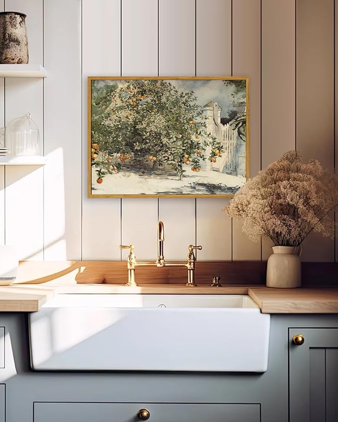 KBKBART Framed Vintage Kitchen Wall Art Prints Orange Tree Watercolor Oil Painting, Rustic Kitchen Sign Canvas Wall Art for Dining Room, Bedroom, Living Room, Farmhouse, Gallery, Vintage Pictures Wall Decor(12"x16")