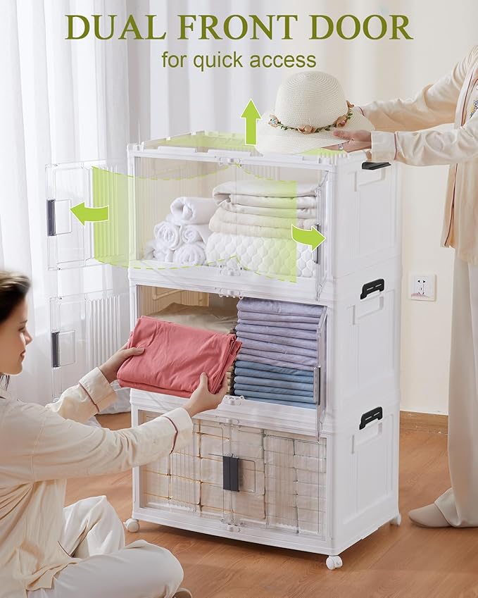 OlarHike 76QT Lockable Storage Bins with Lids - Folding Storage box with Doors and Wheels, Collapsible Plastic Storage Bins for Closets, Stackable Storage Organizer, Storage Containers, 3 Pack Cubes