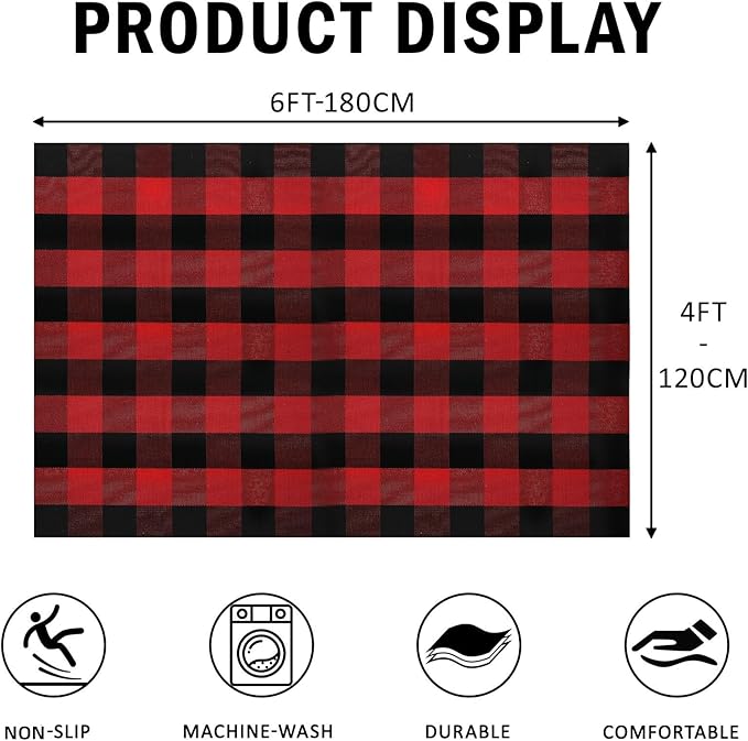 SEEKSEE Cotton Buffalo Plaid Rug 4'x6' Black and Red Checked Rug Washable Doormats Indoor Outdoor Rugs for Layered Front Door Mats, Porch, Kitchen, Farmhouse, Entryway