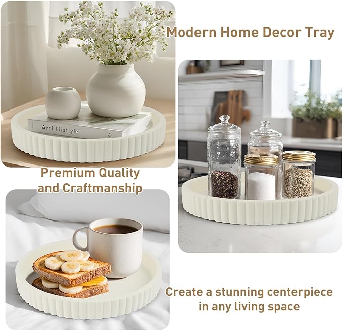 Round Decorative Tray for Coffee Table Decor-Modern Home Decor Tray-Concrete Coffee Table Serving Tray-Centerpiece Table Tray-Ottoman,Vanity, Bathroom, Kitchen,Dresser (White)
