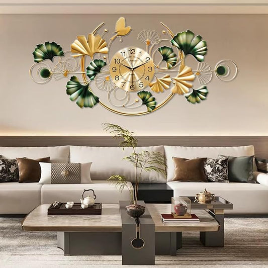 Big Wall Clock, Unique Ginkgo Leaf Decorative Wall Clocks, Luxury Metal Gold Flower Wall Decor, Silent Non-Ticking Oversized Clock for Wall, for Living Room Bedroom Kitchen Office(39.4X19.7In)